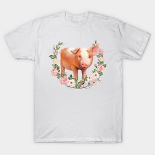 Cute Young Pig Farm Flower Wreath Motive T-Shirt